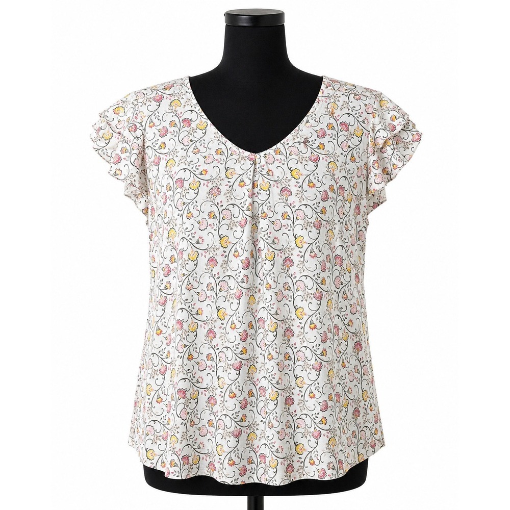 Croft & Barrow Womens XXL White Floral Flutter Sleeve Blouse Stretch Top